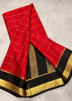 Red checks pure Mysore silk crepe saree