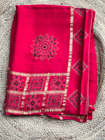 Strawberry pink pure modal silk with lotus Ajrak blouse