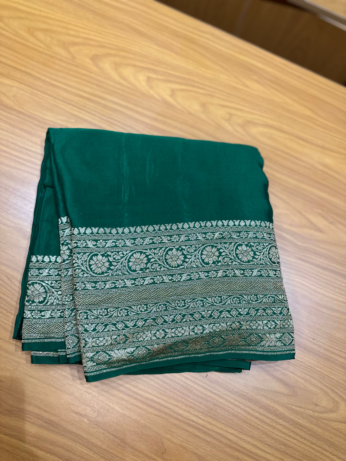Deep green self colour pure crepe Banaras silk sarees