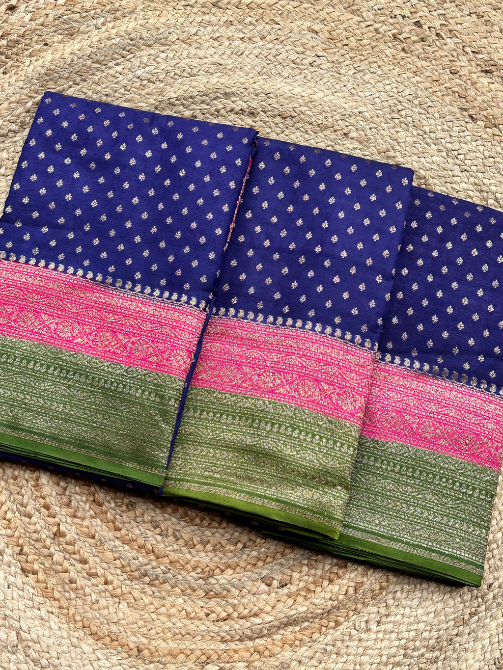 Purple pink and leaf green pure crepe chiffon 3D Banaras