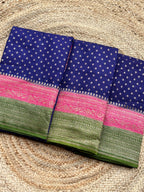 Purple pink and leaf green pure crepe chiffon 3D Banaras