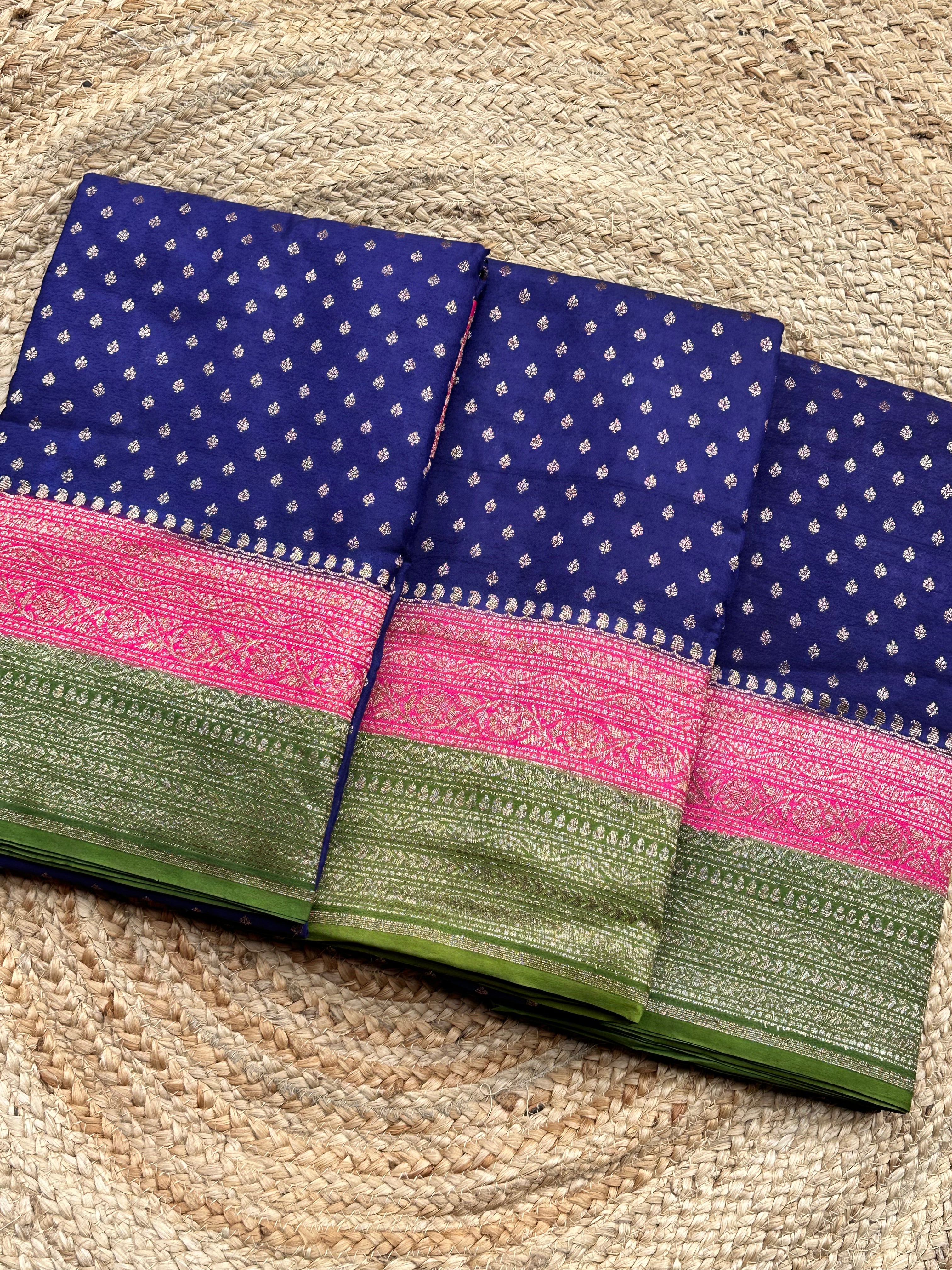 Purple pink and leaf green pure crepe chiffon 3D Banaras