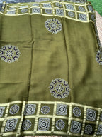 Leaf green pure Ajrak modal silk sarees with Ajrak blouse