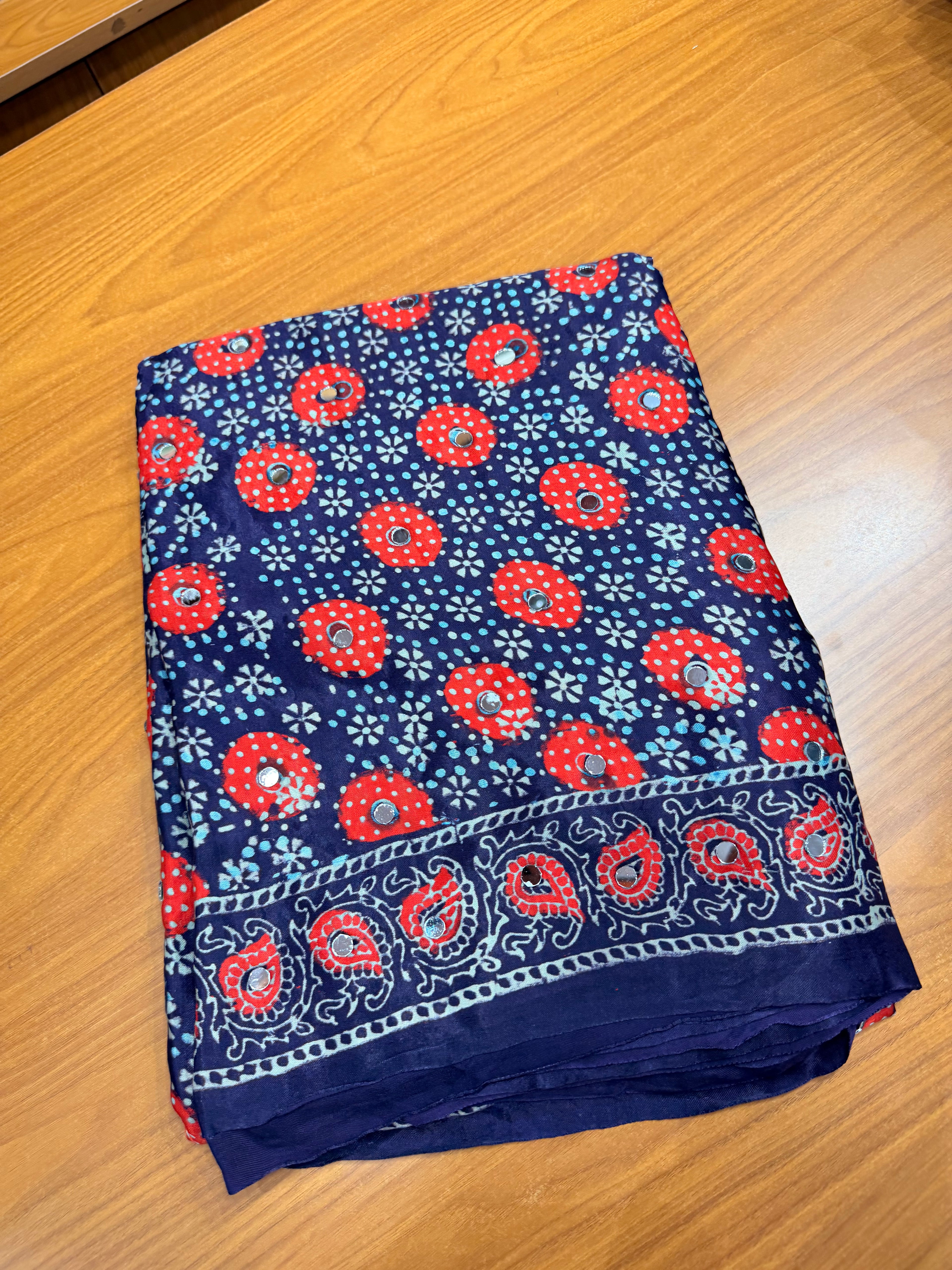 Blue ajrak modal mirror work with tissue pallu