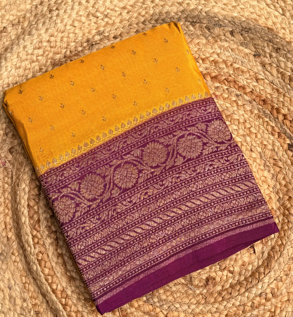 Yellow n magenta small butta benarasi crepe saree