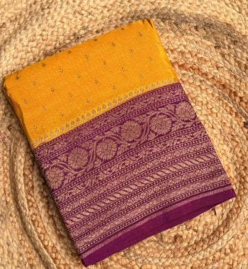 Yellow n magenta small butta benarasi crepe saree