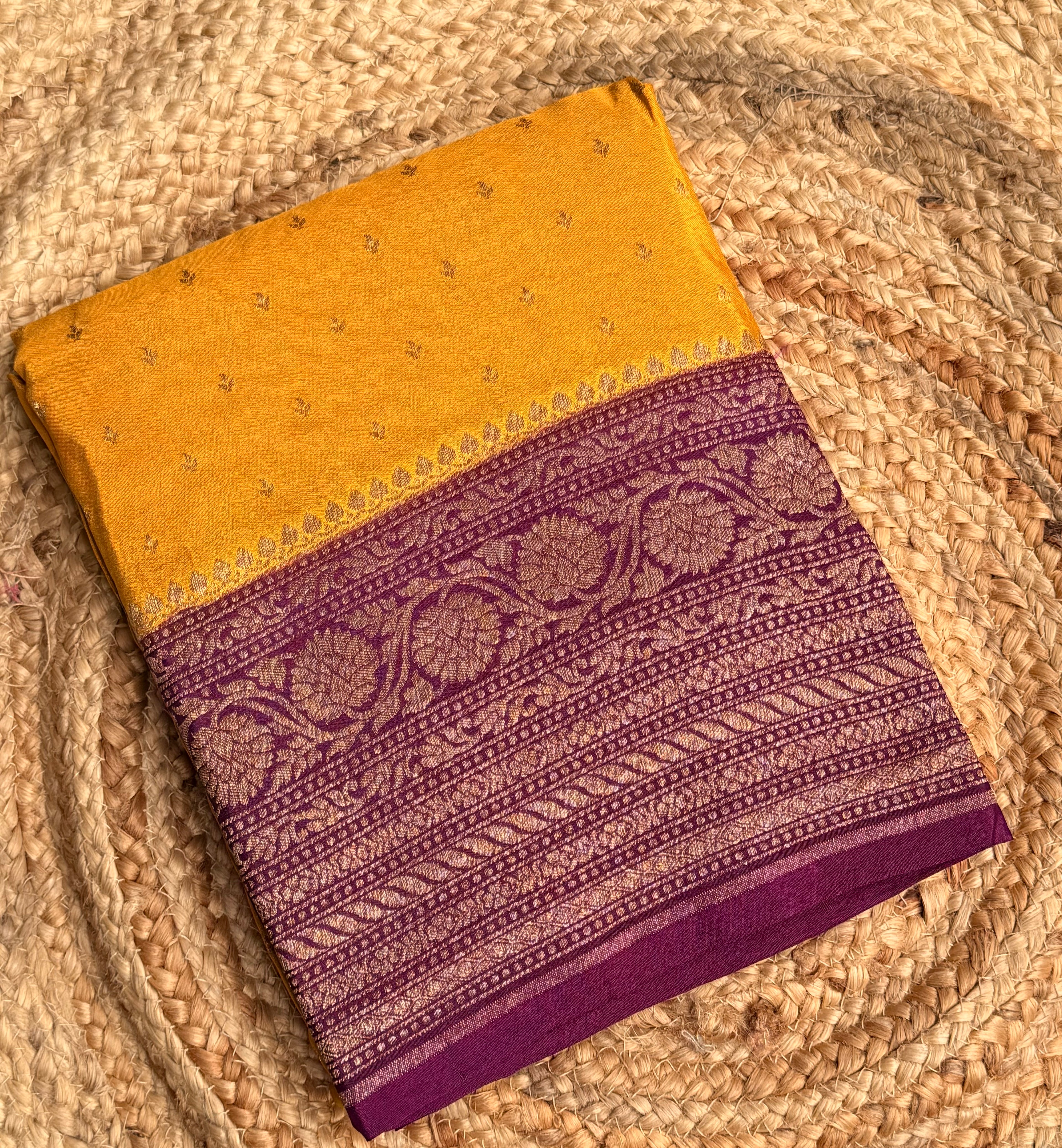 Yellow n magenta small butta benarasi crepe saree