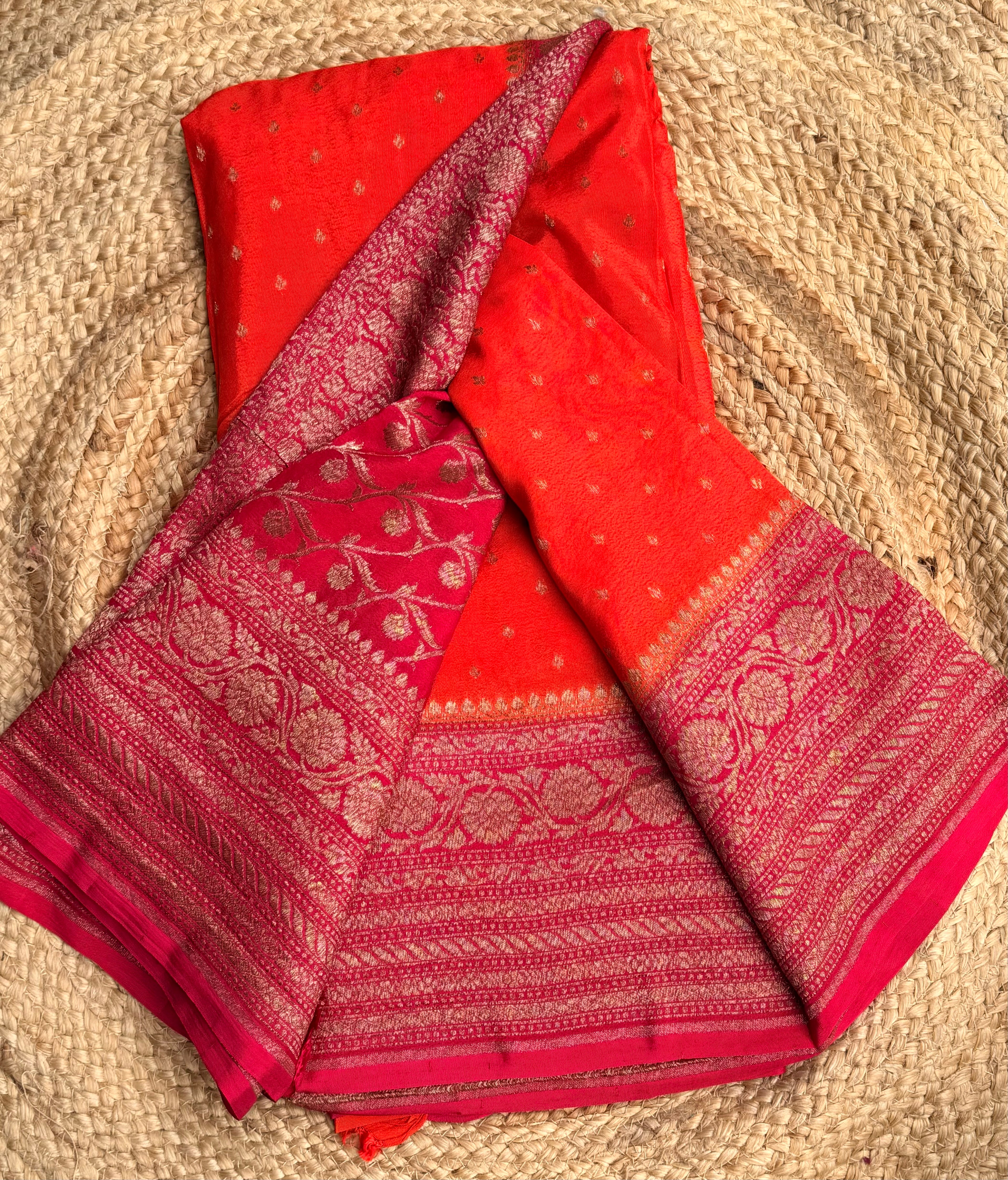 Orange n red small butta benarasi crepe saree