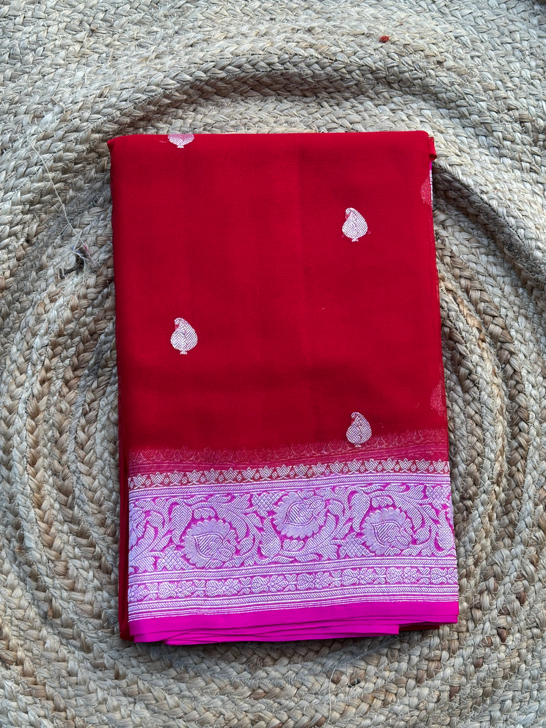 Red and pink pure khaddi chiffon sarees silver zari woven