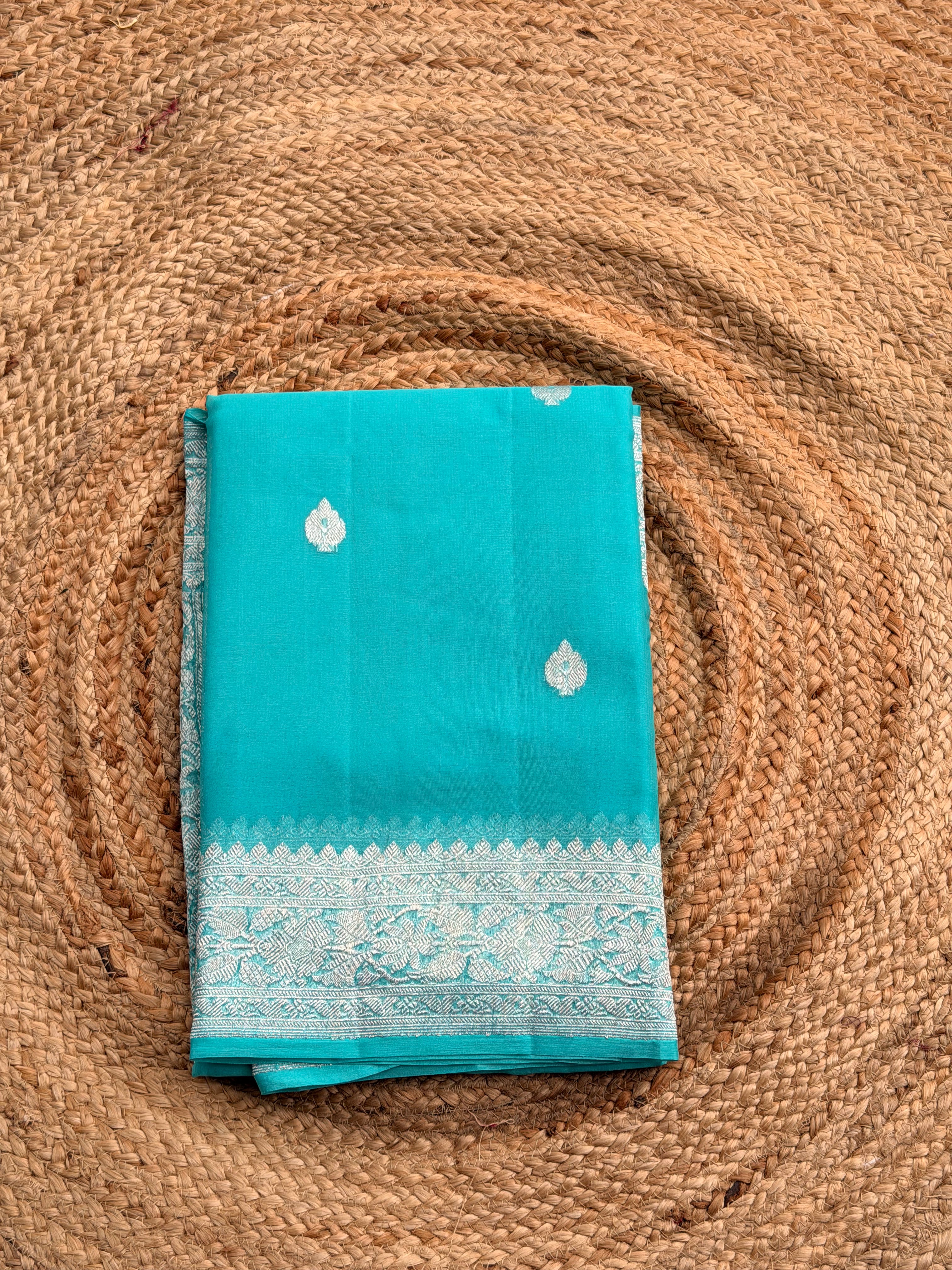 Sky blue Banarasi pure khadi chiffon saree sliver zari woven