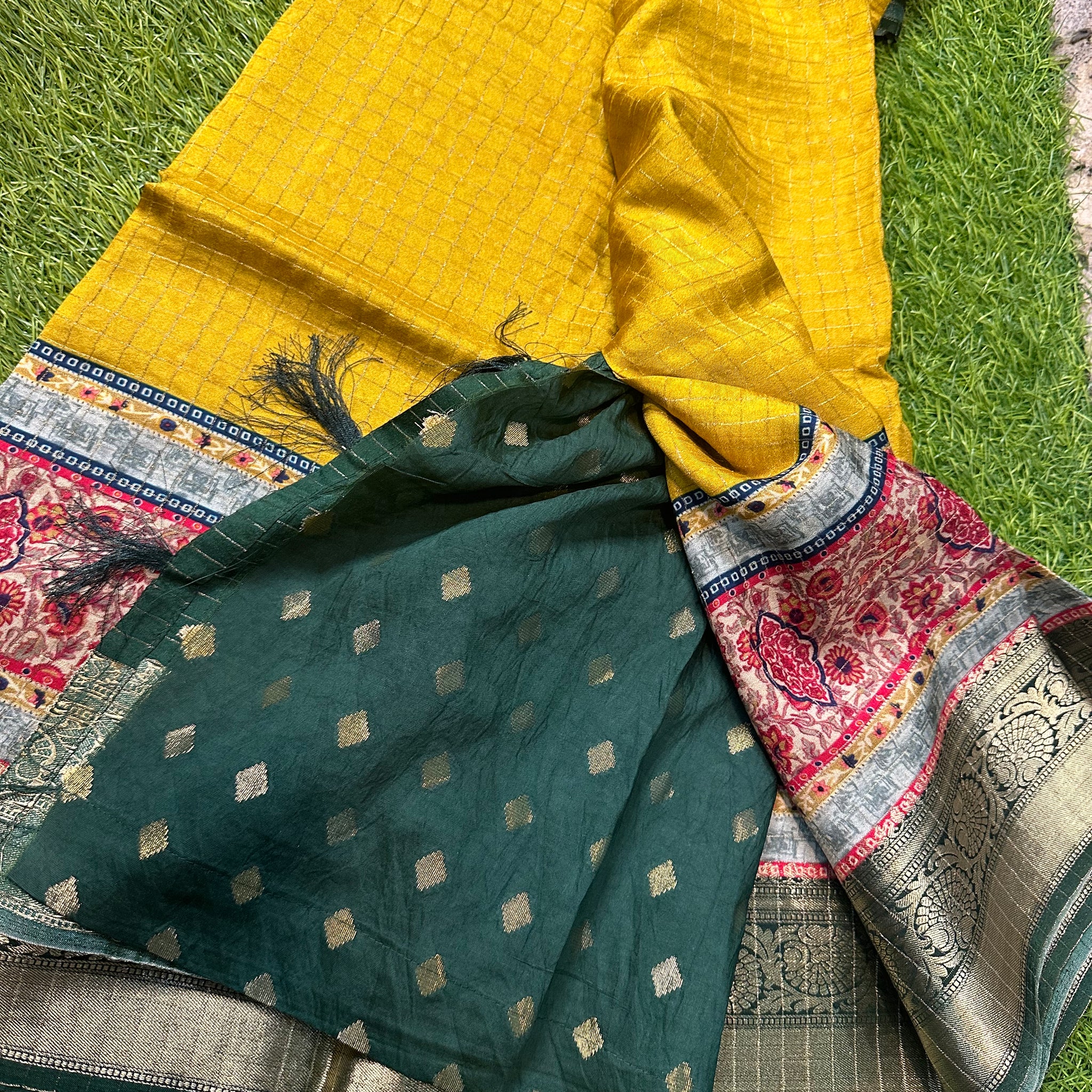 Dola silk in mustard with green border