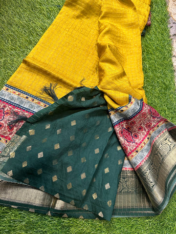 Dola silk in mustard with green border