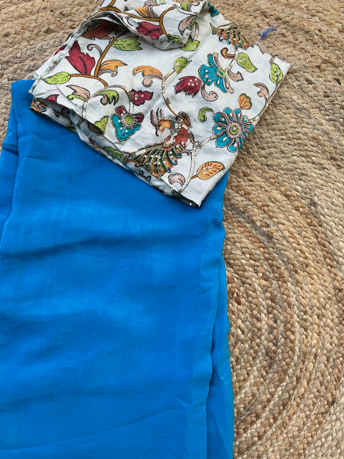 Blue pure crepe with kalamkari blouse