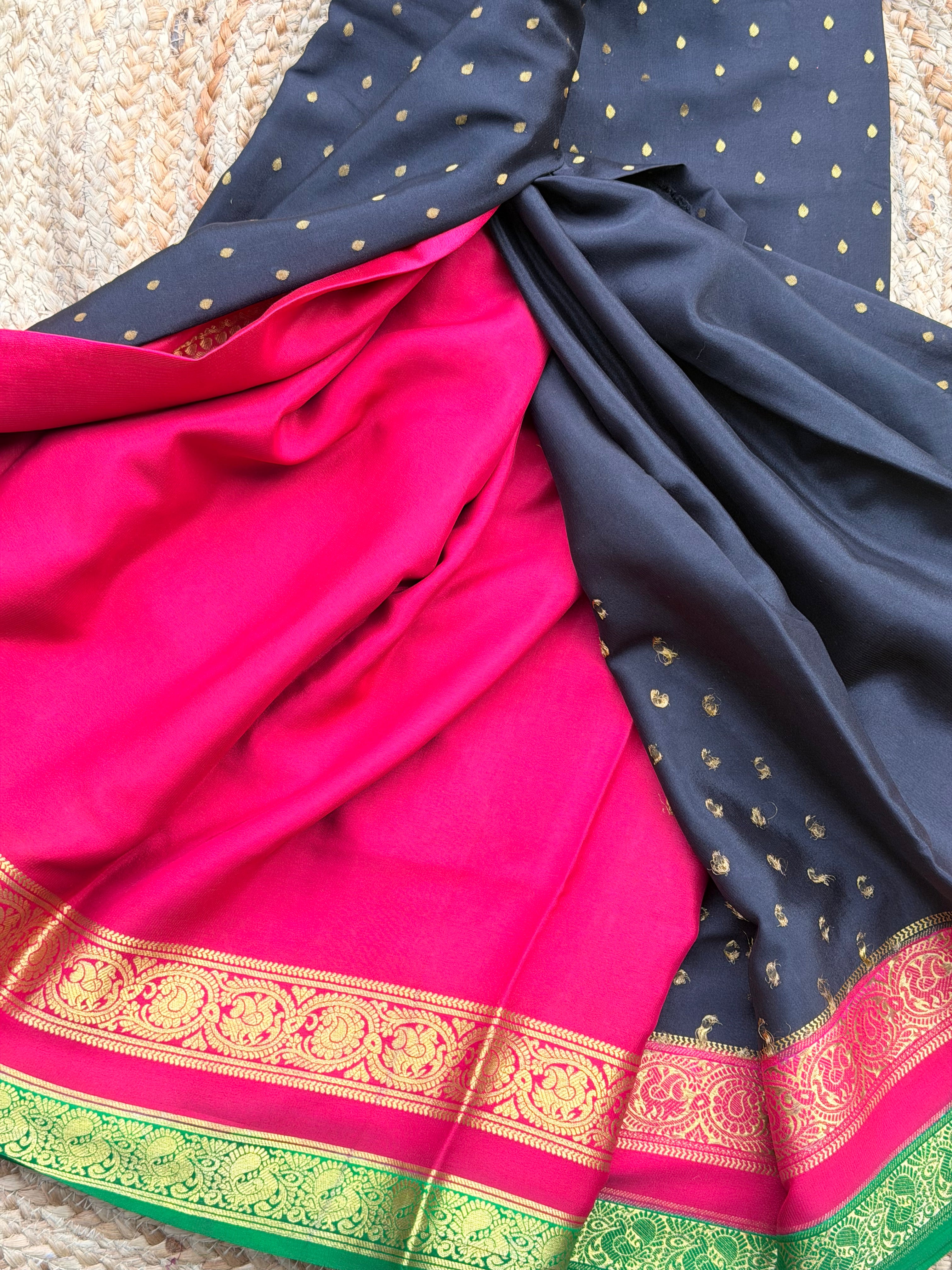 Black and pink thousand butta pure crepe Mysore silk sarees 120 gsm