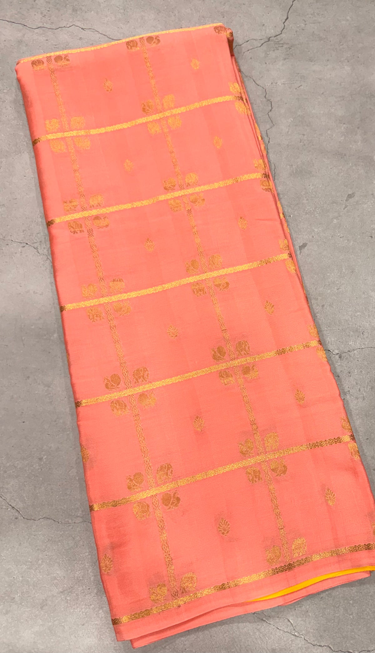 Peach checks pure Mysore silk crepe saree