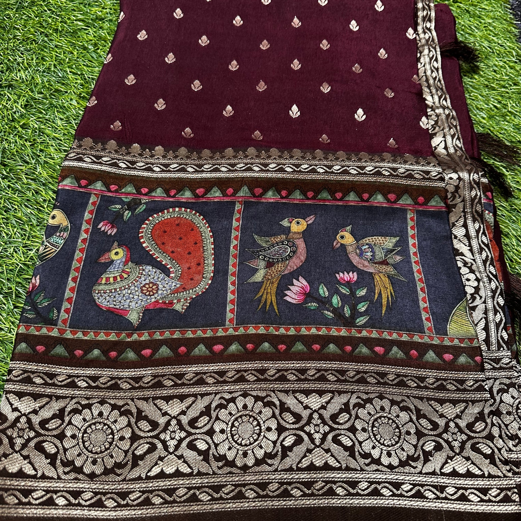 Dola crape silk. With kalamkari pallu and border.