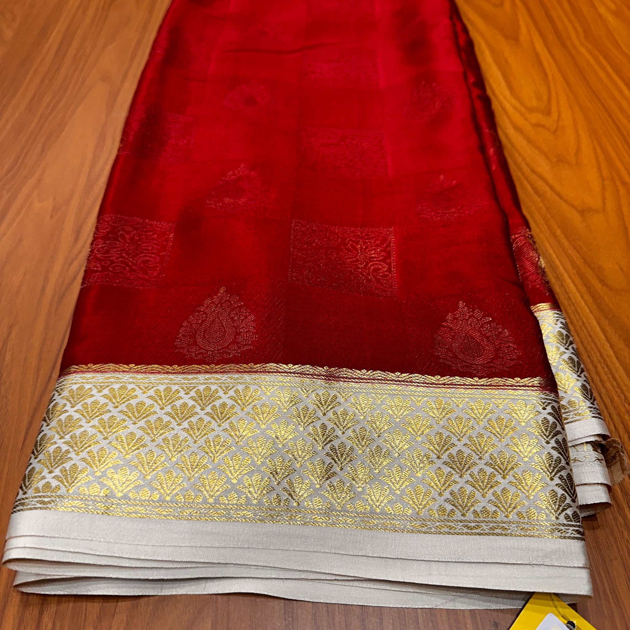 Red  with cream border, pure crepe Mysore Silk 120 gsm