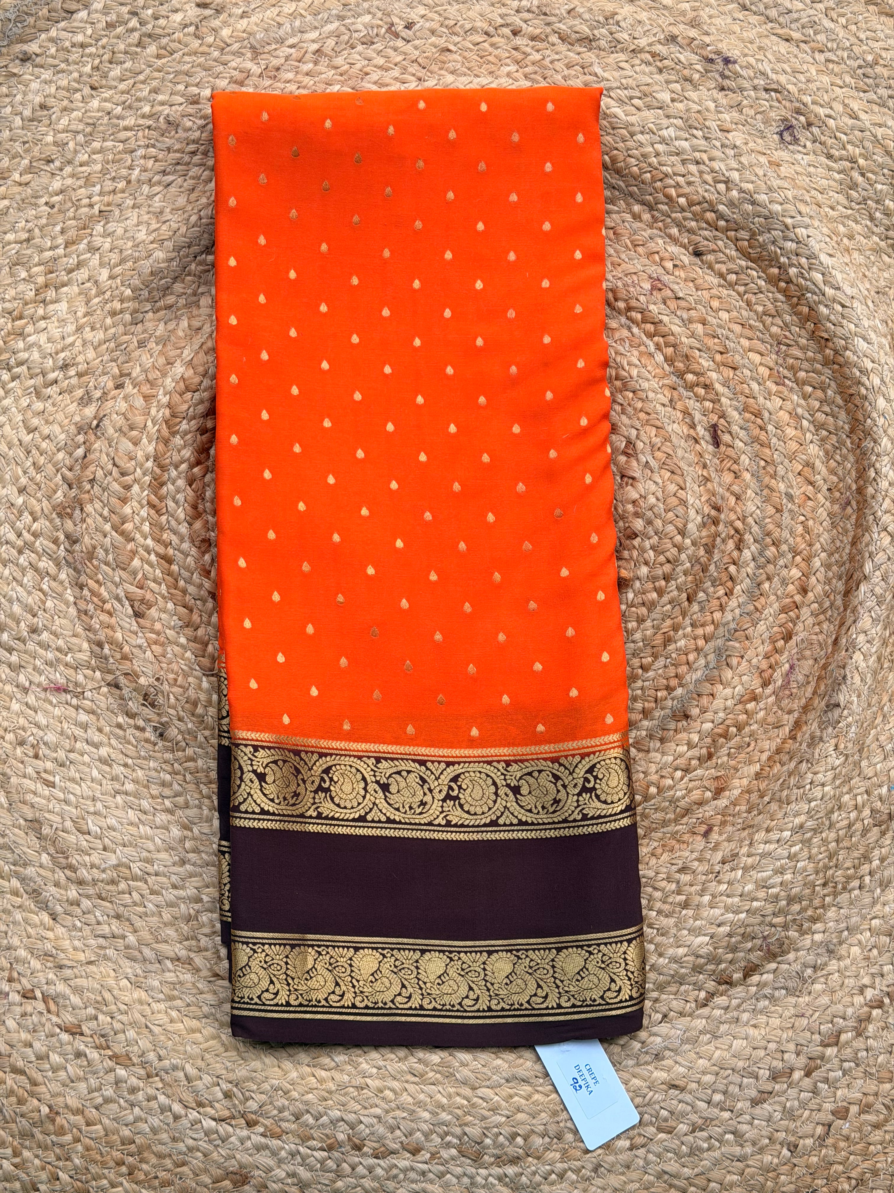 Orange and deep coffee brown 1000 butta pure crepe Mysore silk 120 gsm