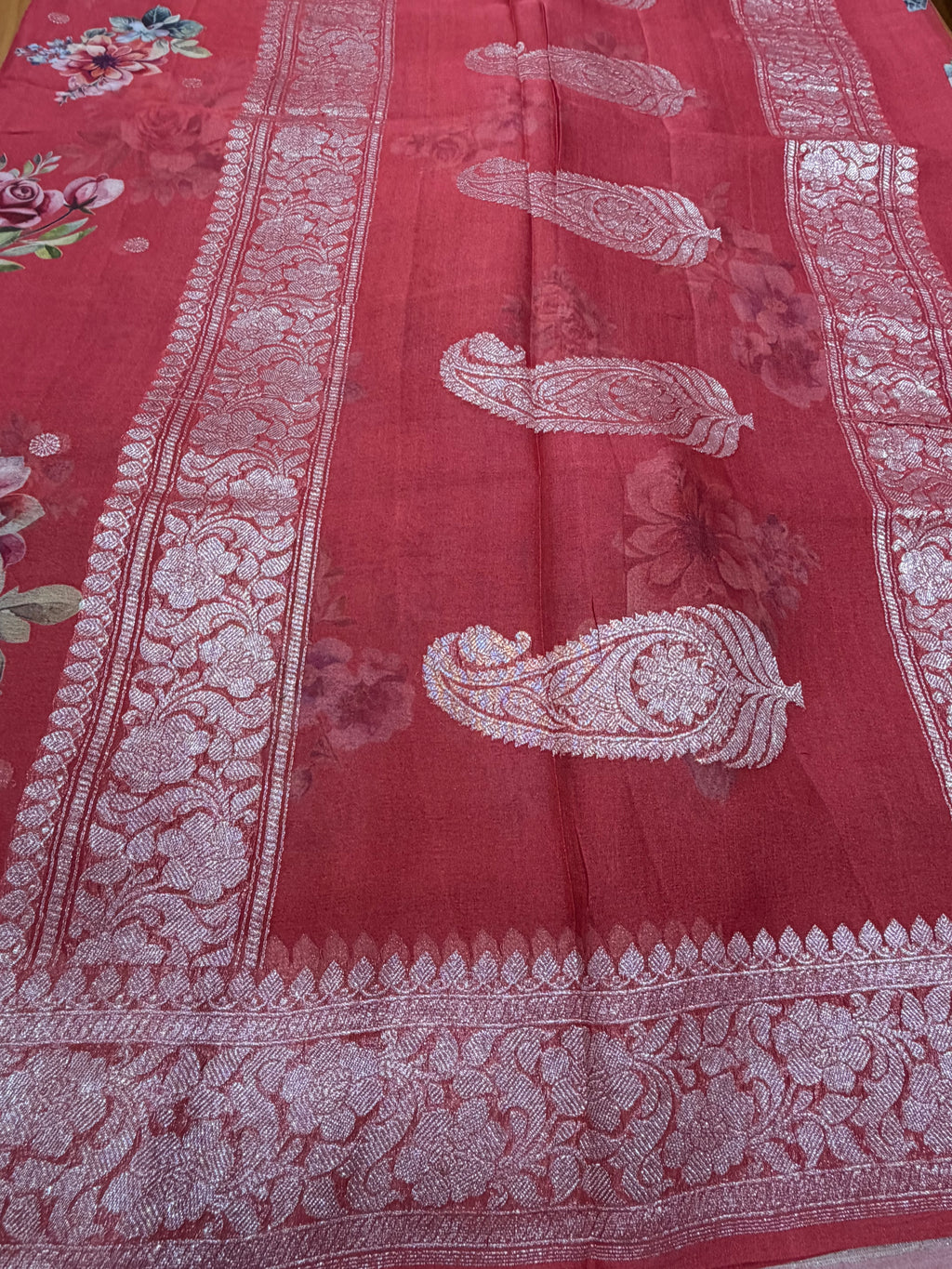 Orange digital print Banarasi pure tissue chiffon saree sliver zari saree
