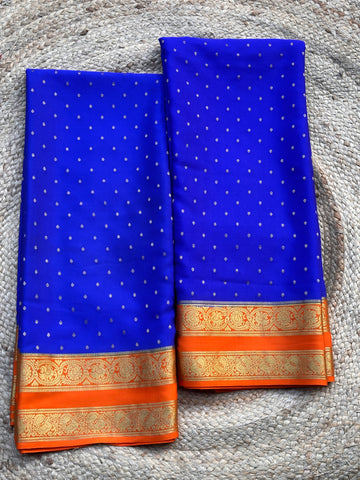 Royal blue with orange pure crepe Mysore Silk sarees 130 gsm
