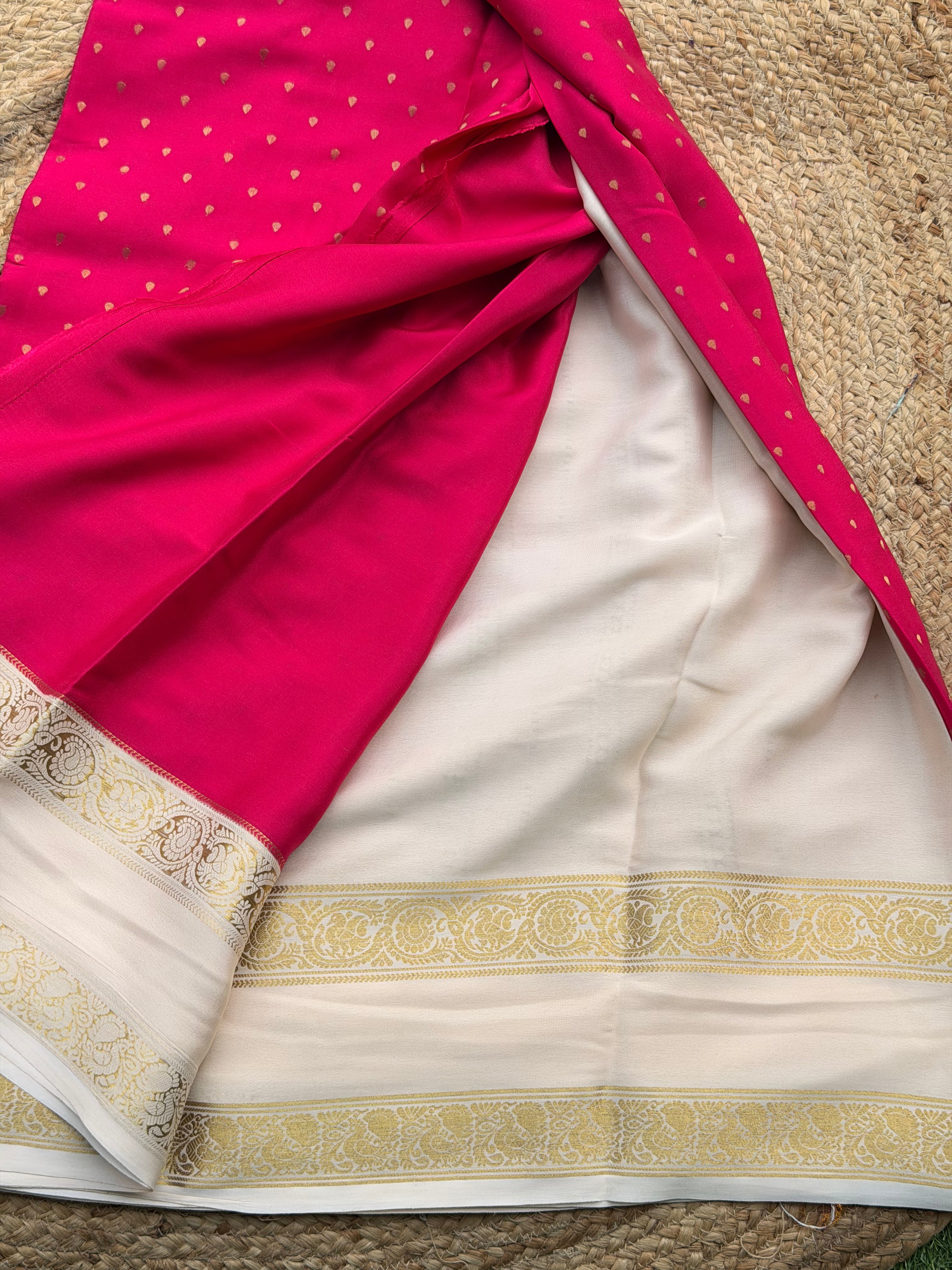 Rani pink and half white 1000 butta pure crepe Mysore silk saree 120gsm