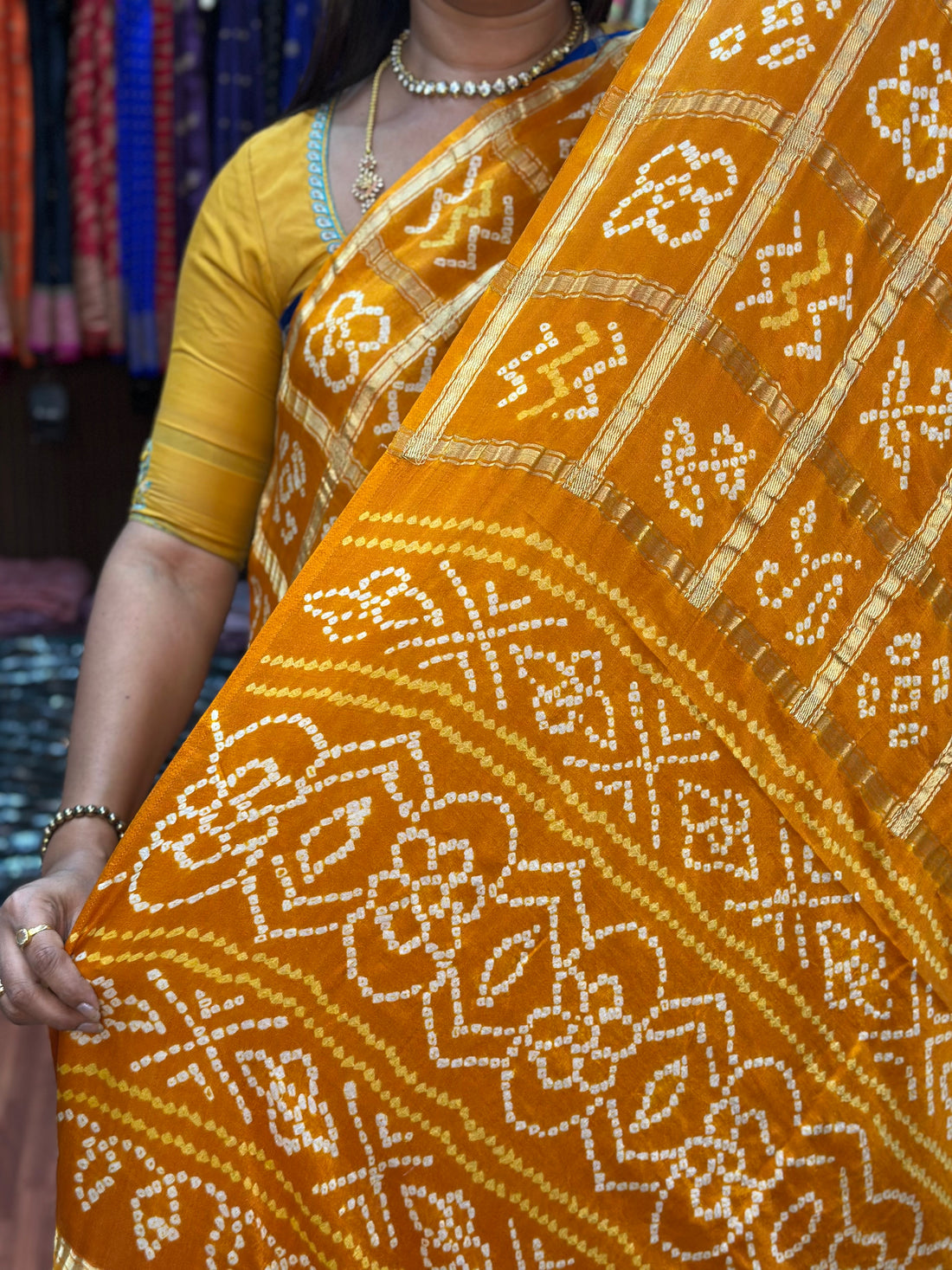 Mustard pure gajji silk sarees with Bandini Ajrak prints