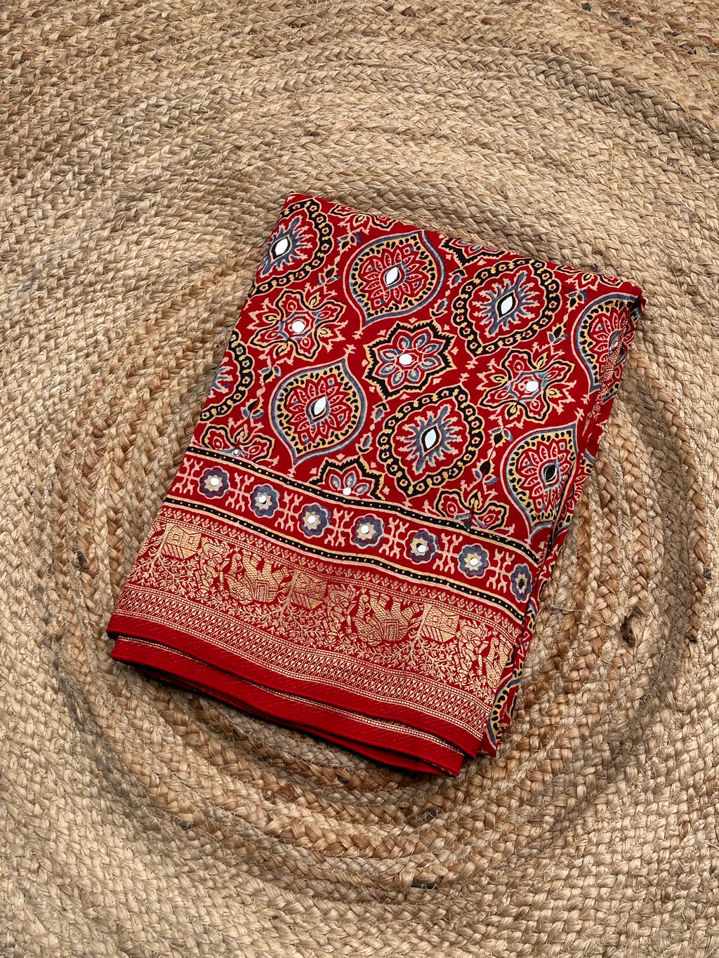 Red Ajrak dola mirror work with premium zari
