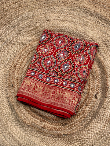 Red Ajrak dola mirror work with premium zari