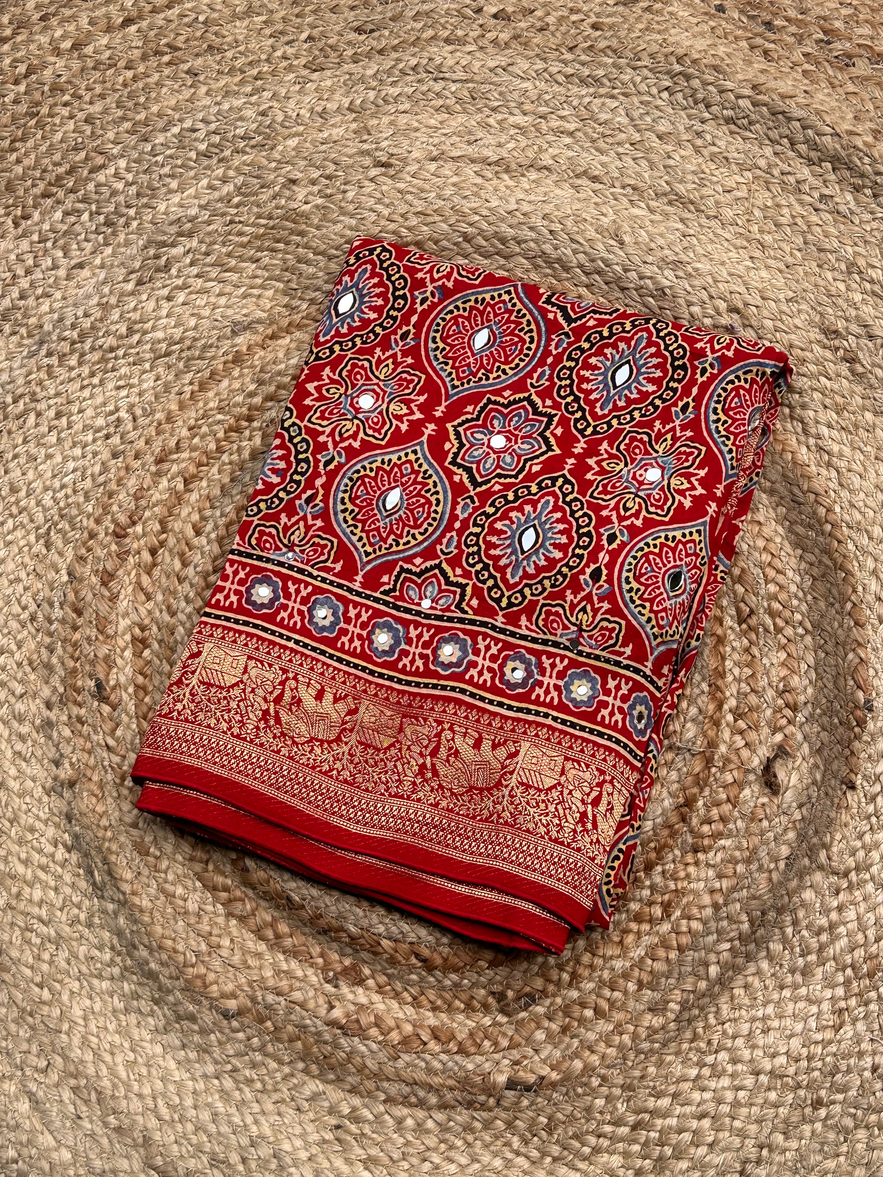 Red Ajrak dola mirror work with premium zari