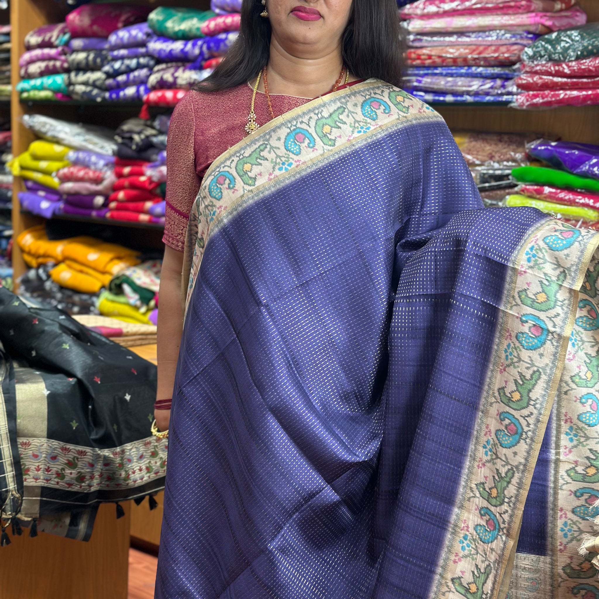 Purple with beige tusser silk sarees