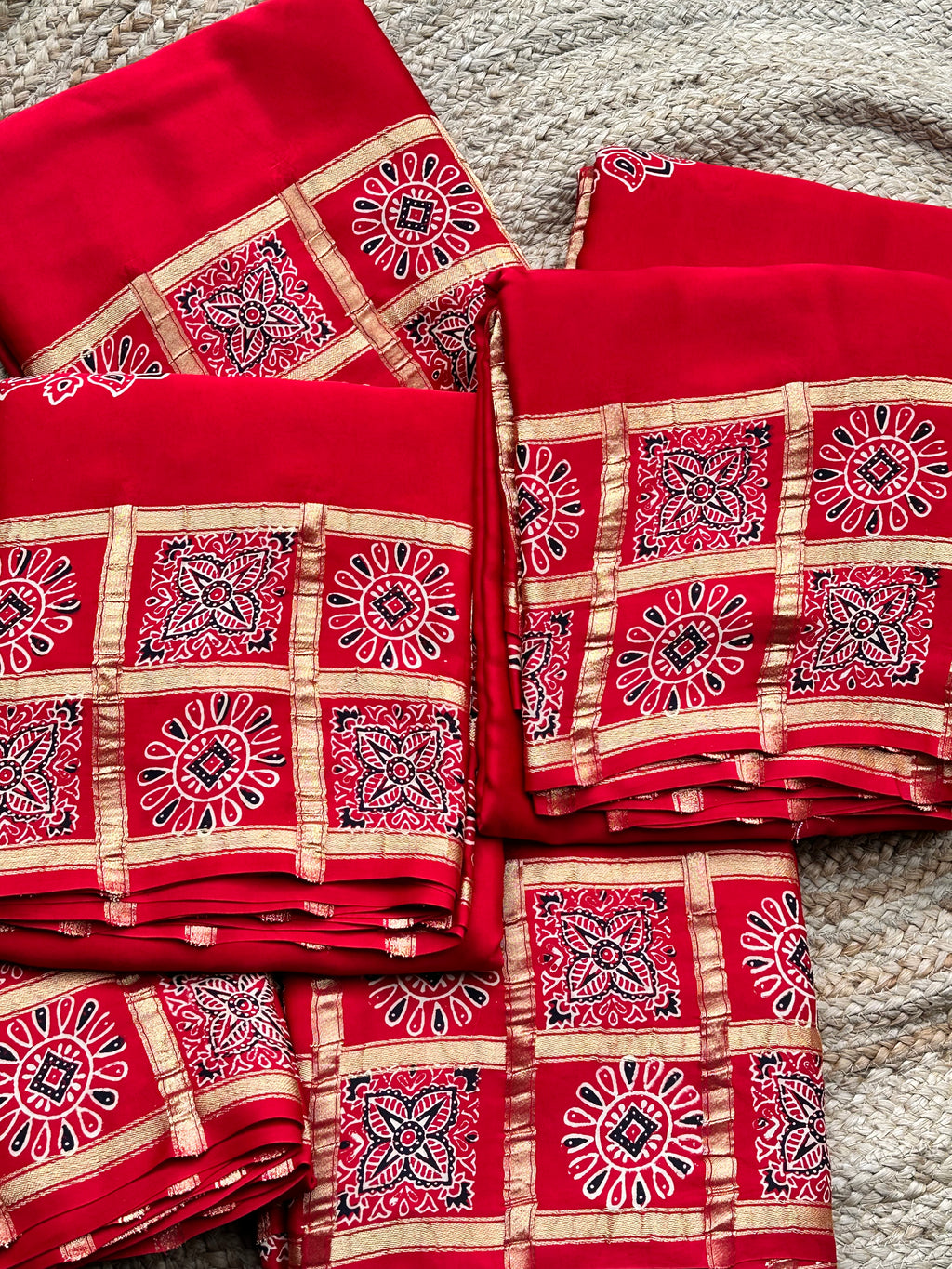 Hot red pure modal Ajrak silk sarees with lotus Ajrak blouse