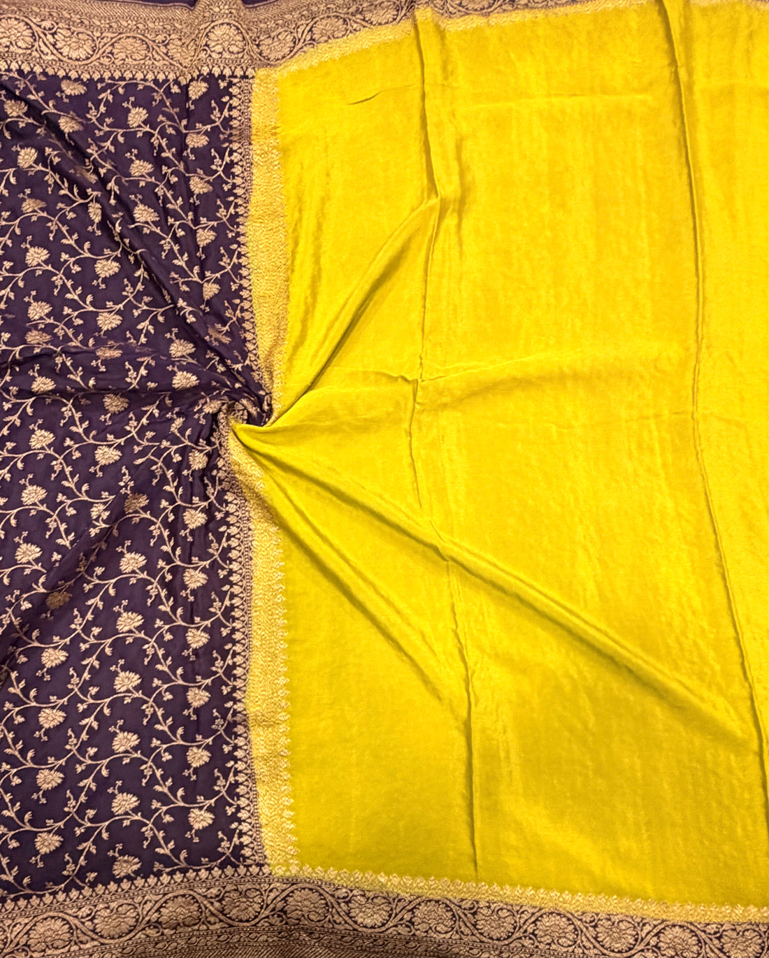 Neon yellow n navy blue partly pallu pure benarasi crepe silk saree