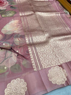Pastel pink digital print Banarasi pure tissue chiffon saree sliver zari saree