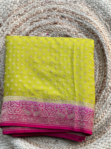 Light green with Rani pink pure crepe Banaras silk sarees