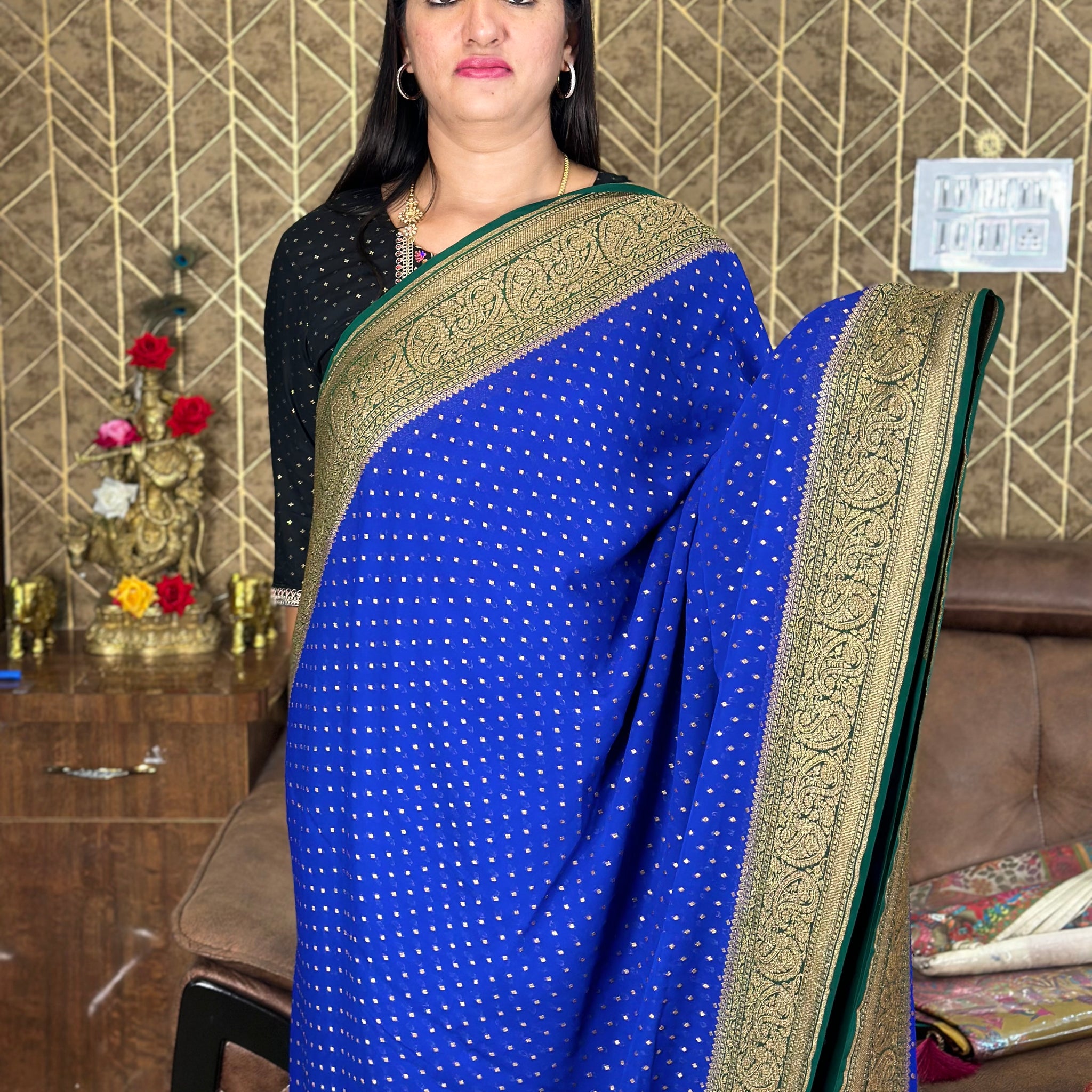 Royal blue with green pure khaddi Georgette.