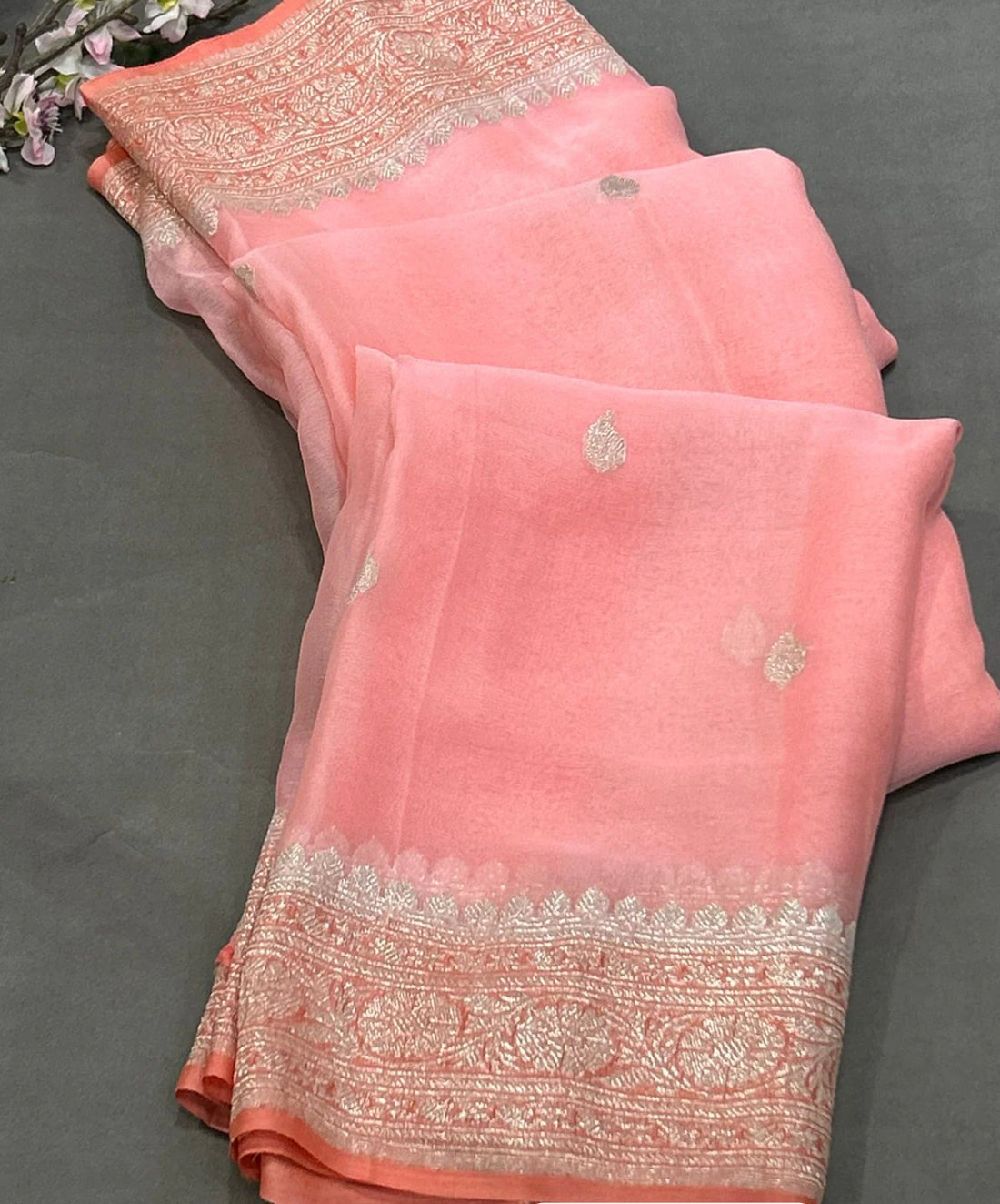 Peach Pure khaddi chiffon sarees.