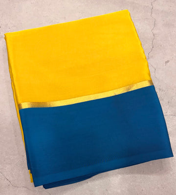 Yellow contrast border pure Mysore silk crepe saree