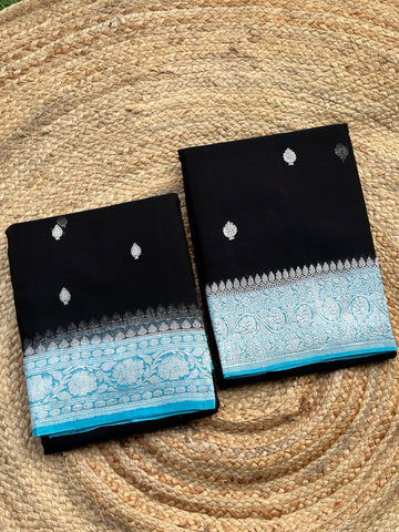 Black and sky blue pure khaddi chiffon silver zari woven