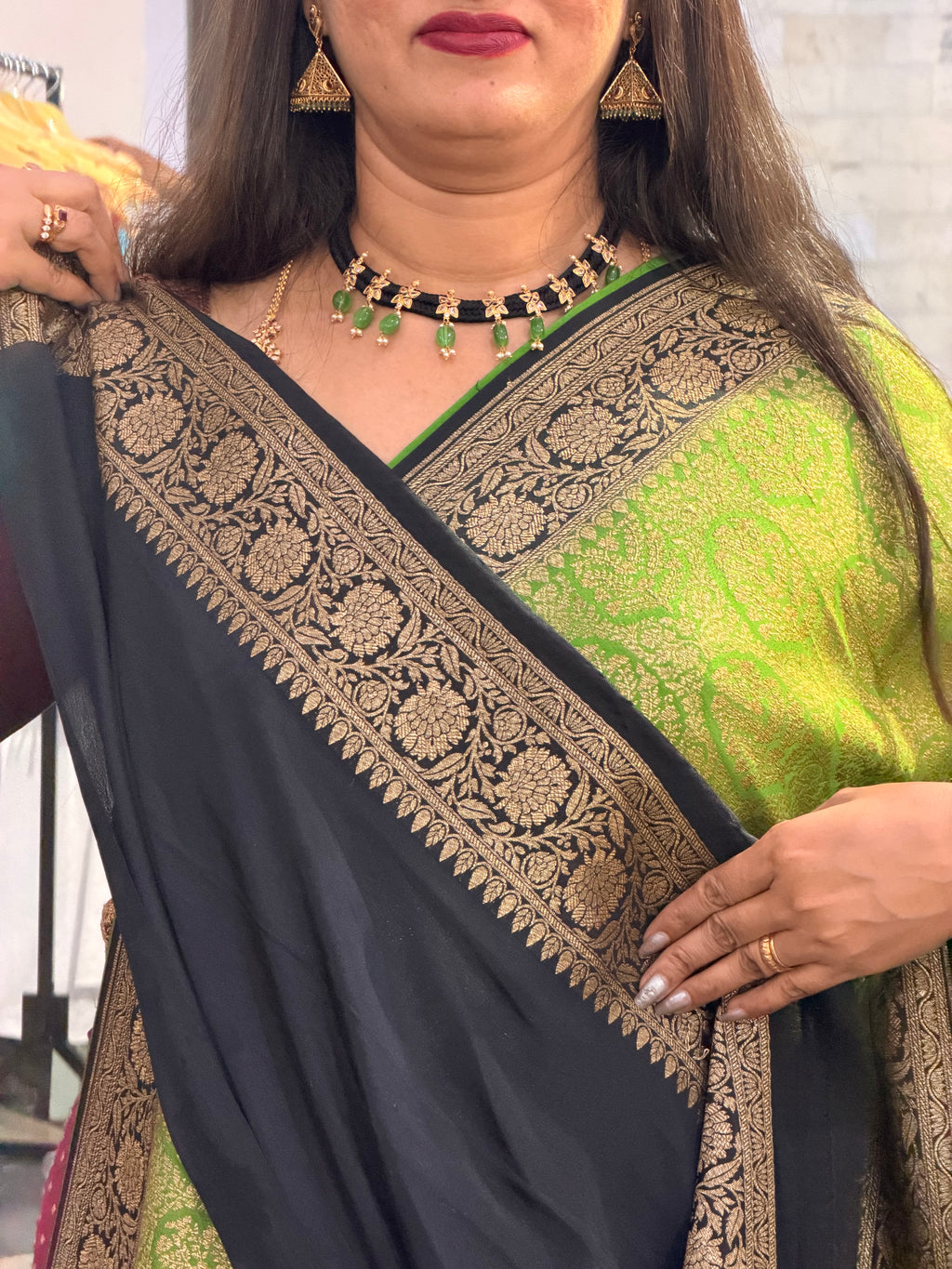 Green with black brocade crepe Banaras silk sarees