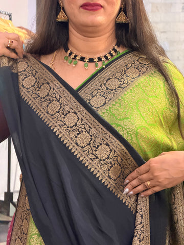 Green with black brocade crepe Banaras silk sarees