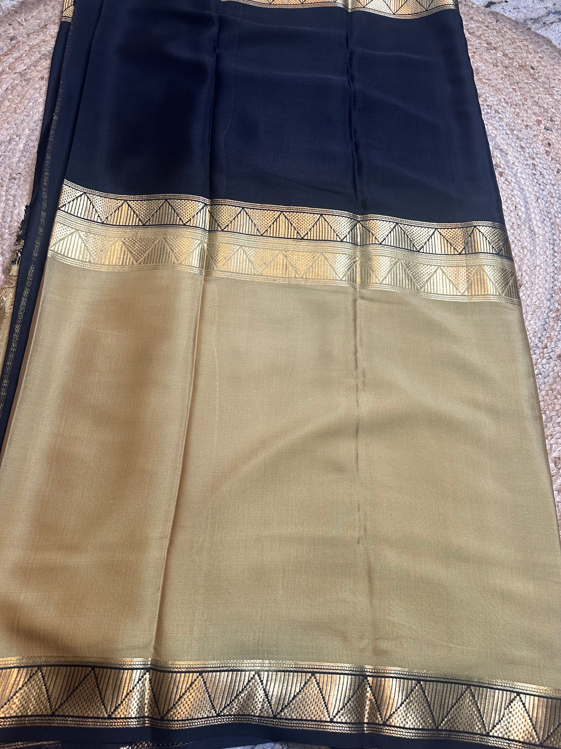 Gold and black pure Mysore Silk crepe 120 gsm half  and half pattern.