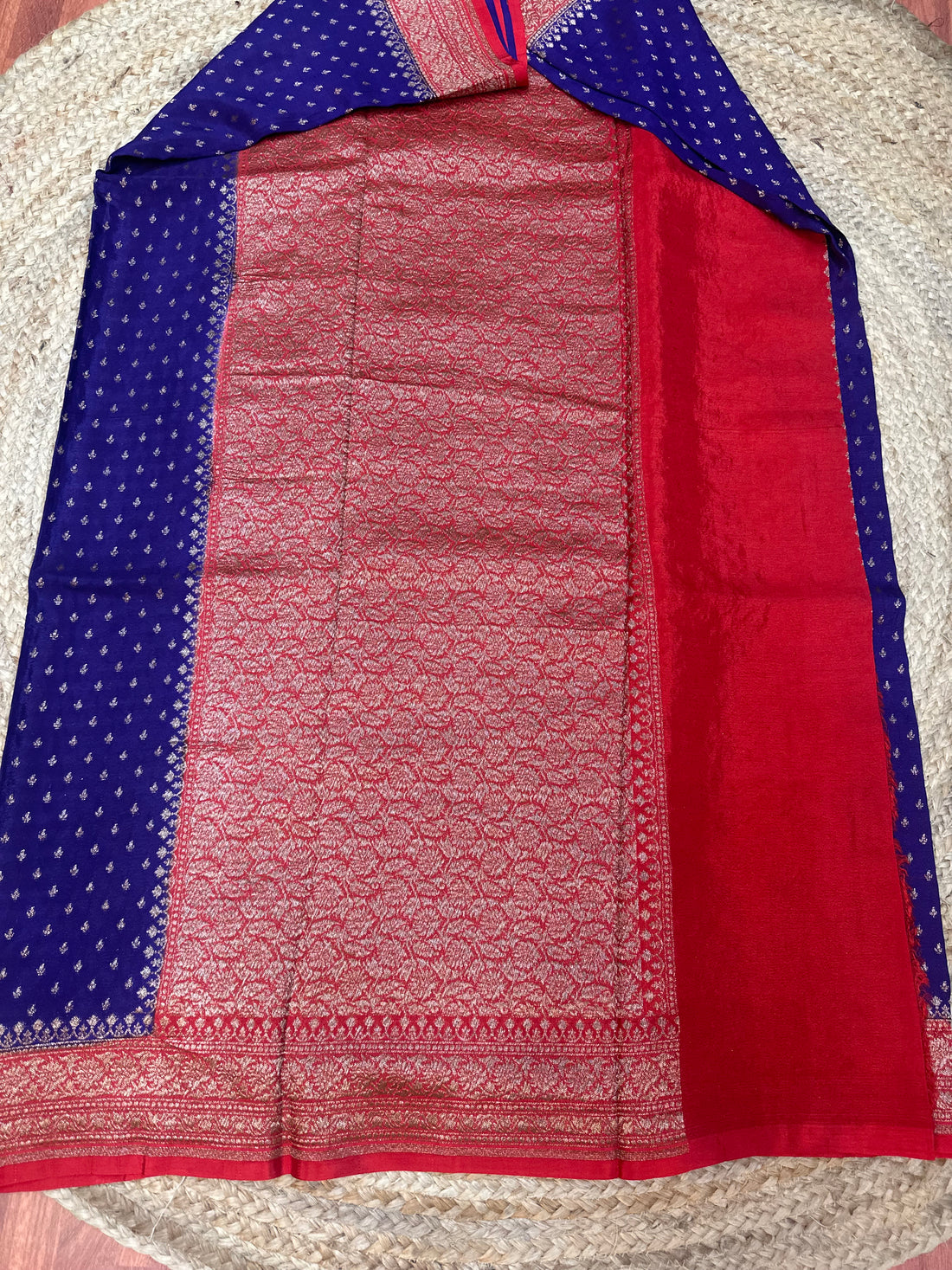 Deep blue with red crepe chiffon