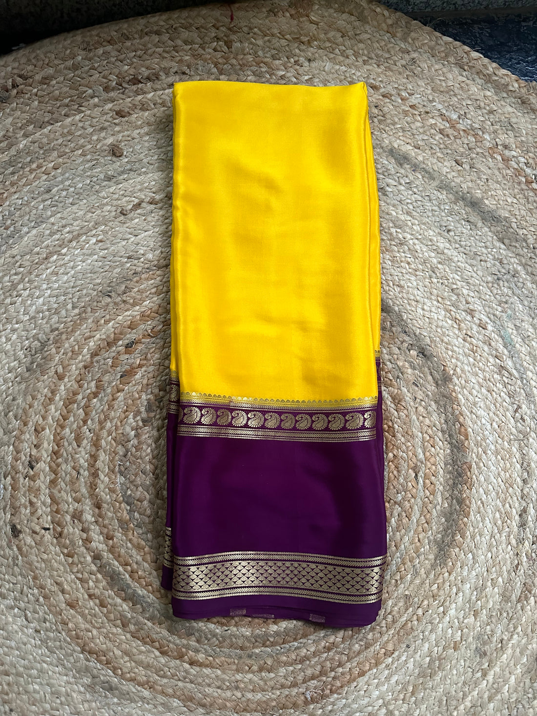 Yellow and dark mejentha mango bentex border pure crepe Mysore Silk crepe 120 gsm.