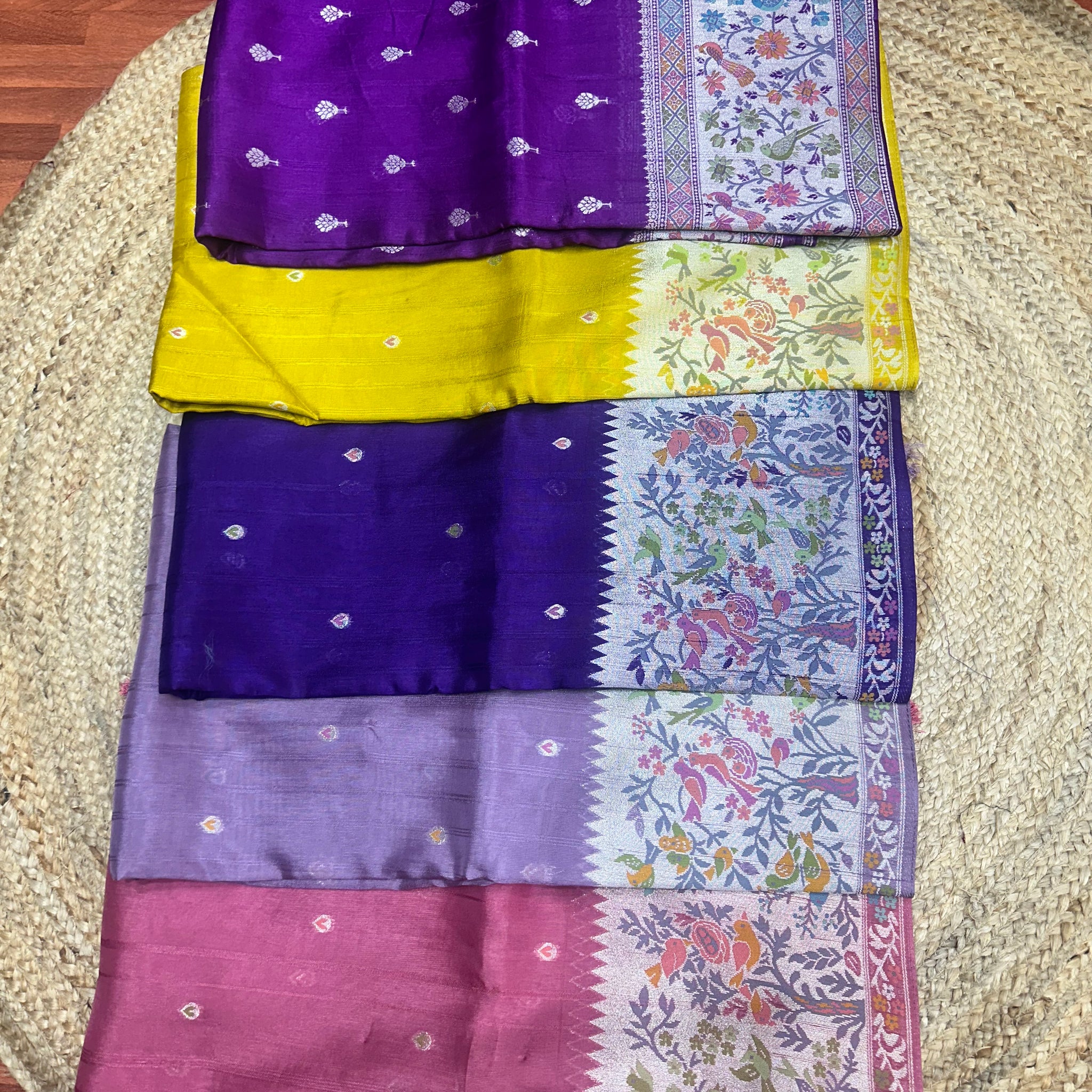 Lemon yellow tusser Paithani sarees