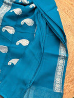 Peacock blue Banarasi pure khadi chiffon saree sliver zari woven