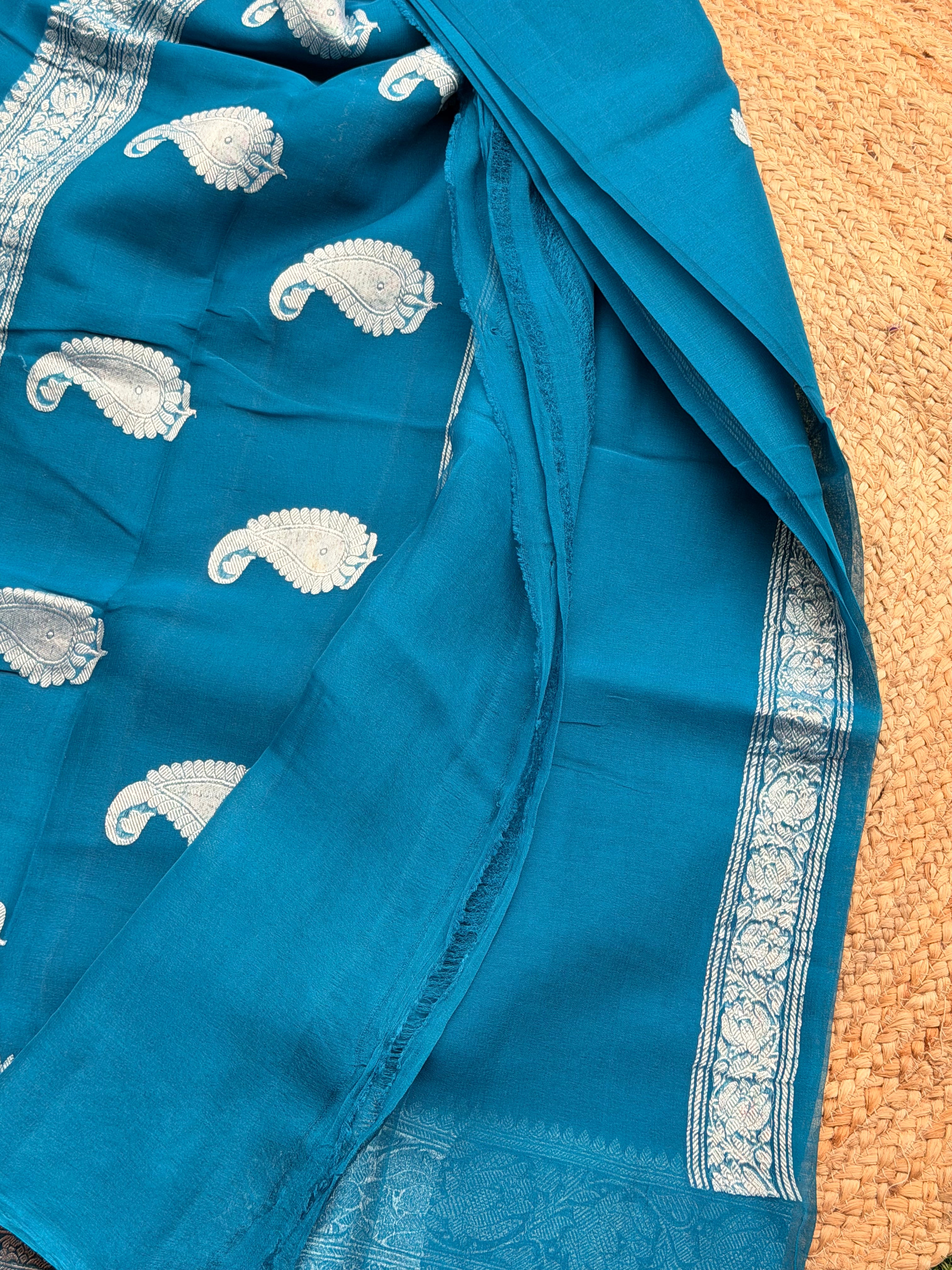 Peacock blue Banarasi pure khadi chiffon saree sliver zari woven