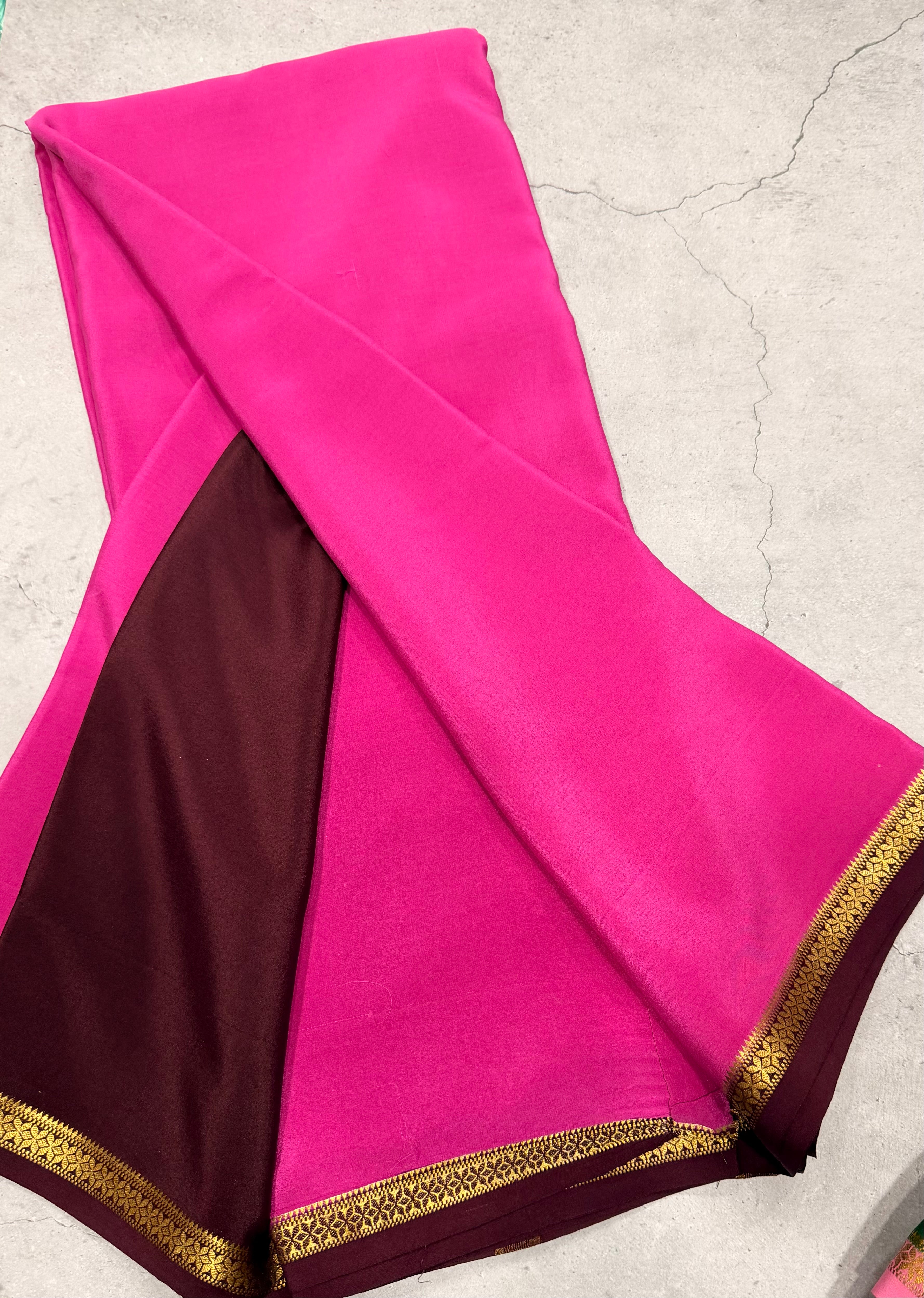 Pink one inch border pure Mysore silk crepe saree