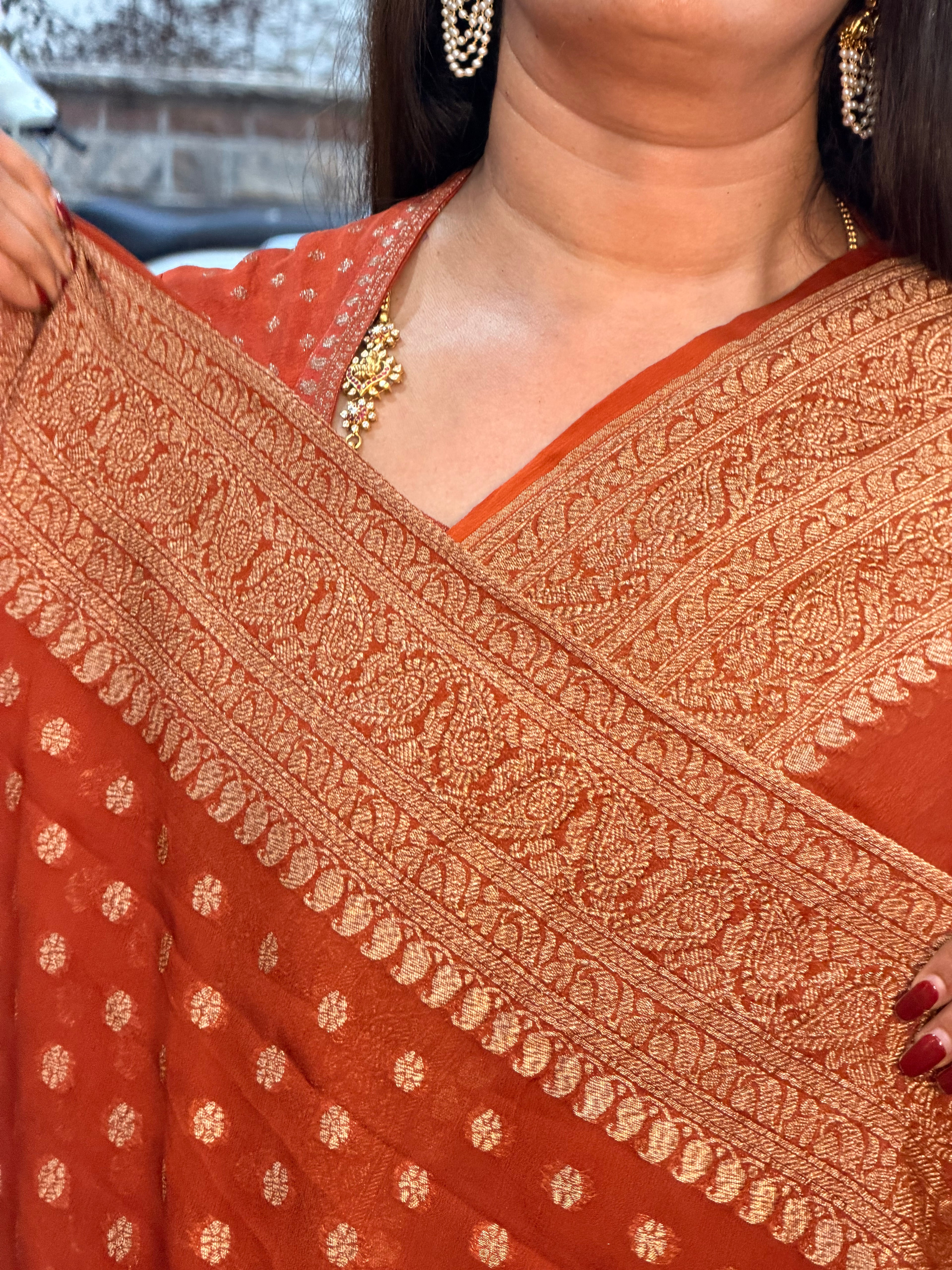Rust orange pure khadi Georgette plain concept with butti blouse