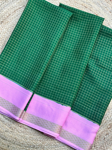 Green and pink cheks pattern pure crepe Mysore Silk sarees