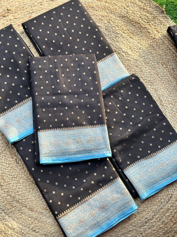 Black and sky blue Banarasi crepe chiffon sarees with brocade blouse